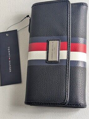 NWT Tommy Hilfiger Black Signature Stripe Flap Continental Long Wallet Clutch